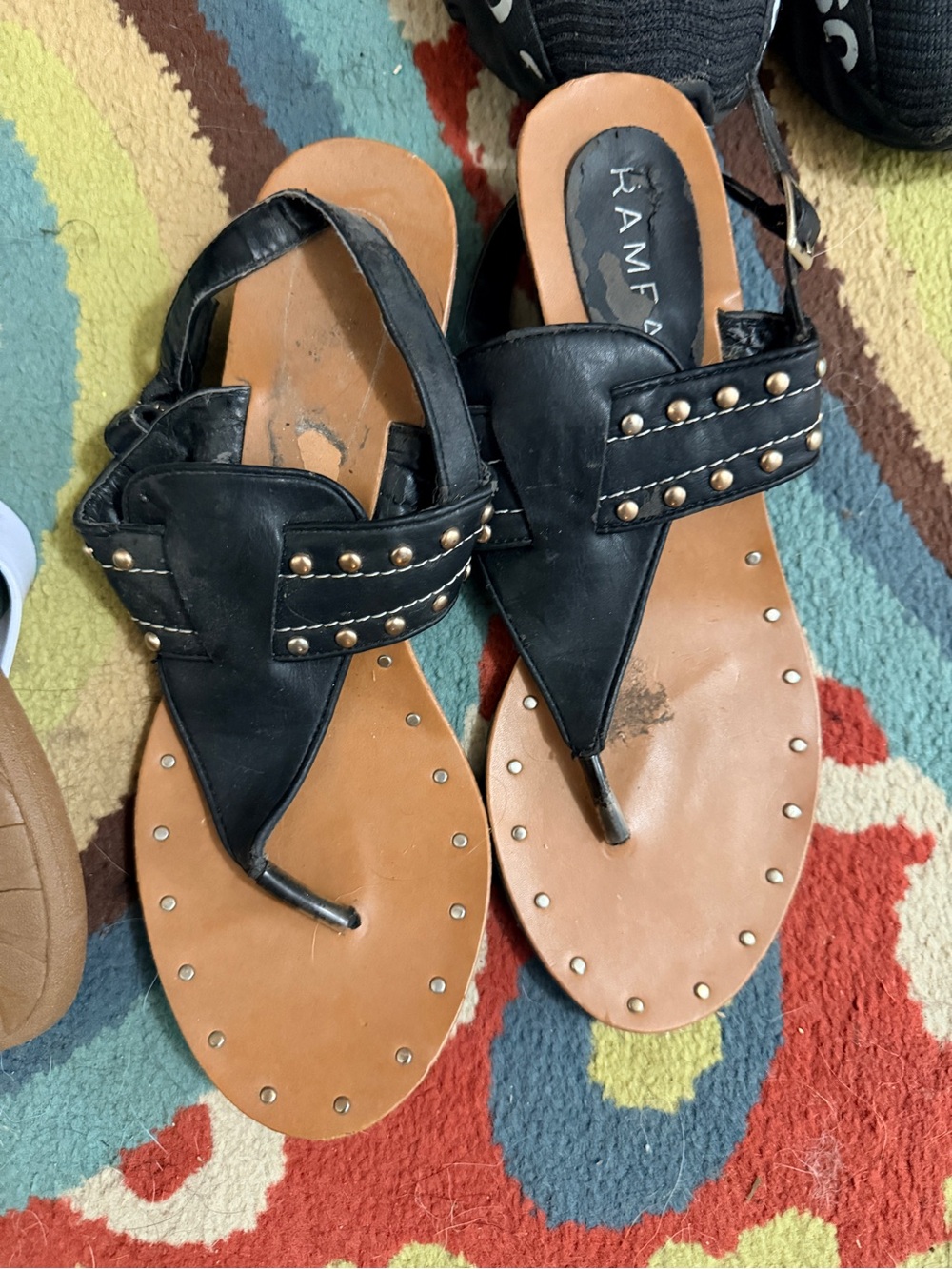 Rampage Black and Tan Studded Thong Sandals